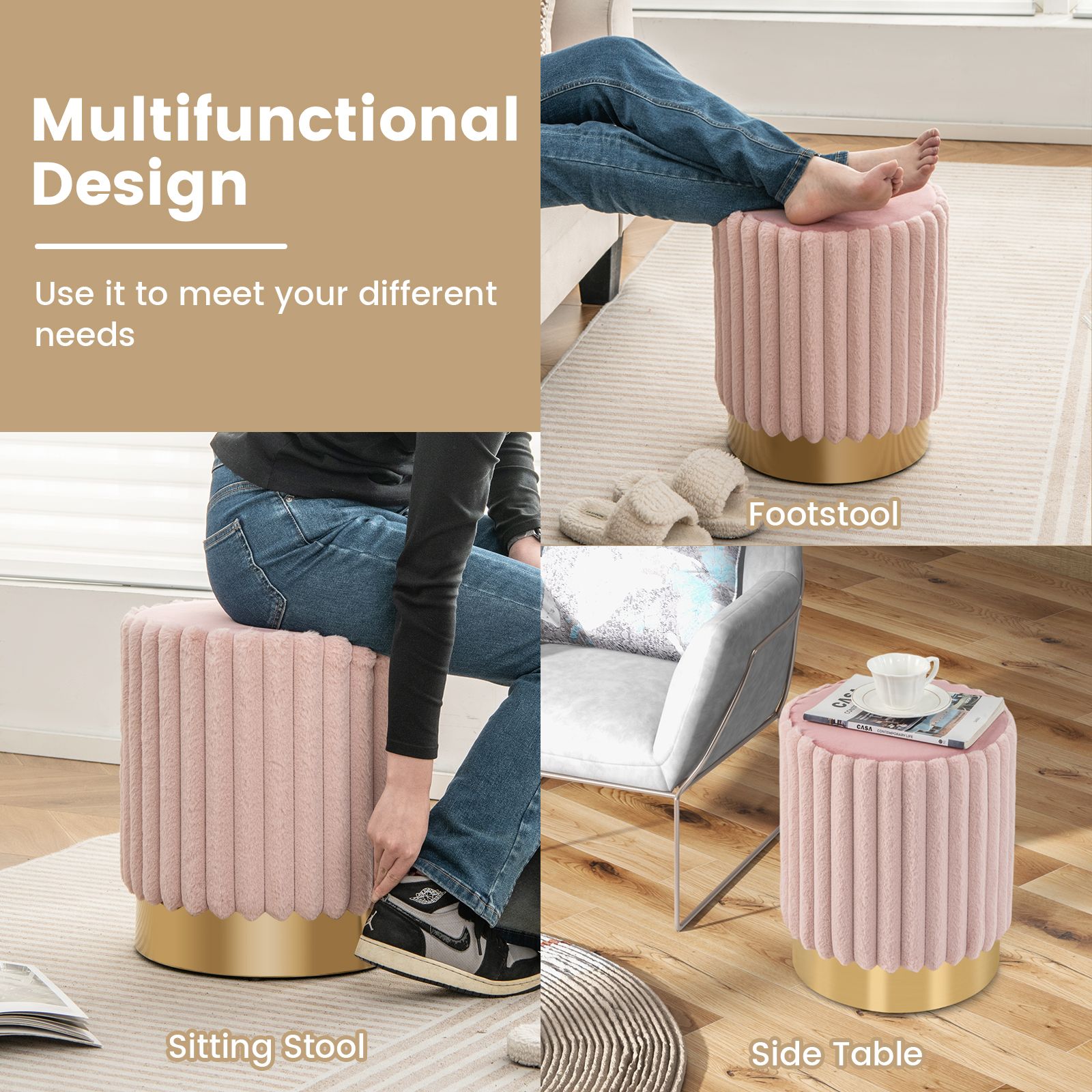 Upholstered Footrest Stool with Decorative Vertical Tufting and Heavy-duty Metal Base Pink